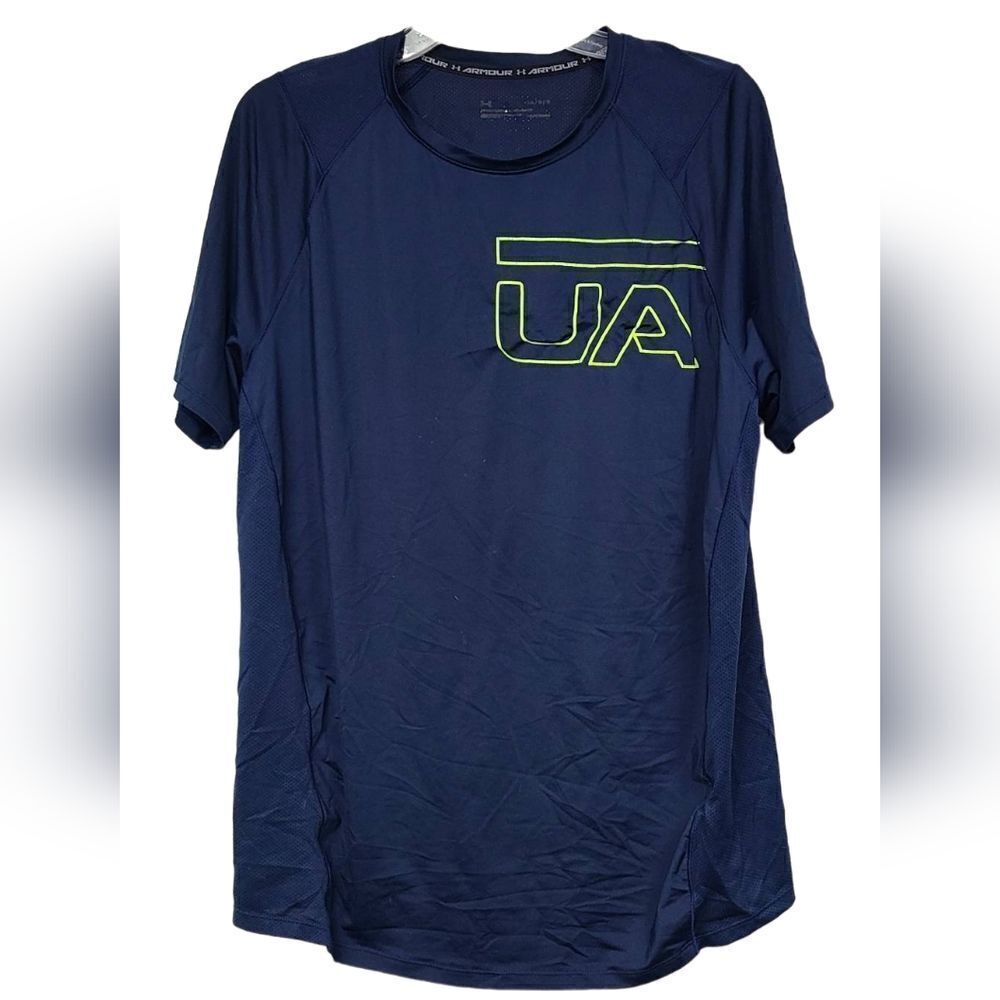 Under Armour T-Shirt MK1 Graphic HeatGear Fitted Navy Blue Green Athletic Jersey